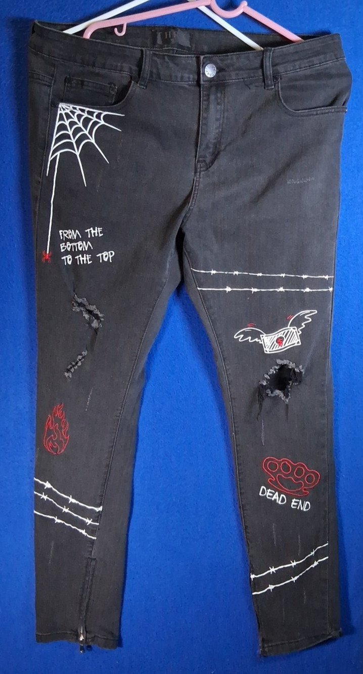 THRT Black Graphic Skinny Jeans Mens 36 Spiderweb Barbed Wire Distressed Punk